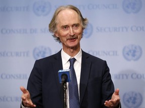 United Nations Special Envoy for Syria Geir Pedersen gestures as he speaks to the media following a United Nations Security Council meeting on Syria at U.N. headquarters, Tuesday, April 30, 2019, in New York.