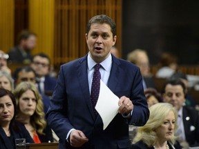 Conservative Leader Andrew Scheer stands during question period in the House of Commons on Parliament Hill in Ottawa on Wednesday, May 15, 2019.