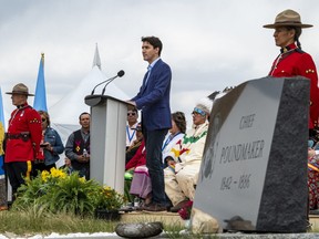 Prime Minister Justin Trudeau speaks during the exoneration for Chief Poundmaker event at a community ceremony at the Chief Poundmaker Historical Centre on the Poundmaker First Nation, Thursday, May 23, 2019.