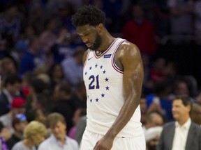 Joel Embiid #21 of the Philadelphia 76ers walks to the bench during a timeout against the Toronto Raptors in the fourth quarter of Game Four of the Eastern Conference Semifinals at the Wells Fargo Center on May 5, 2019 in Philadelphia, Pennsylvania.