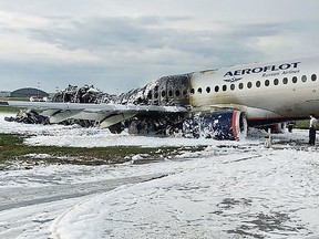 Destroyed fuselage sits on May 5, 2019, at the site of a fire of a Russian-made Superjet-100 at Sheremetyevo airport outside Moscow following its crash.