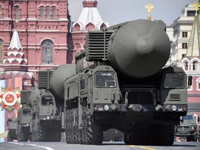 A Russian Topol-M intercontinental ballistic missile in Red Square in Moscow on May 7, 2019, during a rehearsal for the Victory Day military parade.