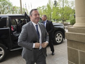 Premier Jason Kenney arrives to a meeting with Alberta NDP Leader Rachel Notley and senators in Edmonton, Alta., on Thursday, May 23, 2019.