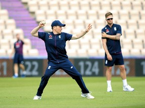England's Eoin Morgan in action during a nets session at The Hampshire Bowl, in Southampton, England,  Friday May 24, 2019. The Cricket World Cup starts on Thursday May 30.