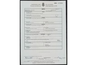 A copy of the birth certificate of Archie Harrison Mountbatten-Windsor, son of Britain's Prince Harry and Meghan, the Duchess of Sussex, in London, Friday May 17, 2019. The birth certificate reveals that Archie was born in a private hospital in London.