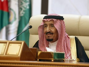 Saudi King Salman chairs an emergency summit of Gulf Arab leaders in Mecca, Saudi Arabia, Thursday, May 30, 2019. King Salman opened an emergency summit of Gulf Arab leaders in the holy city of Mecca on Thursday with a call for the international community to use all means to confront Iran, but he also said the kingdom extends its hand for peace.