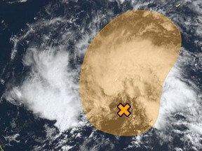Satellite image of Invest 90L with the area of potential formation outlined in orange.