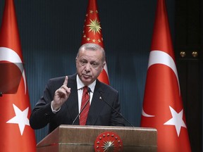 Turkey's President Recep Tayyip Erdogan speaks during a ceremony at presidential palace, in Ankara, Turkey, Monday, May 6, 2019. Turkey's highest electoral body has ruled for a rerun of the mayoral election in Istanbul, after Erdogan's ruling party challenged the legitimacy of the vote it narrowly lost to the opposition. The Supreme Electoral Board on Monday ruled in favor of Erdogan's party and annulled the results of the March 31 vote in Istanbul.(Presidential Press Service via AP, Pool)