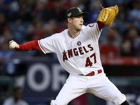 Los Angeles Angels starting pitcher Griffin Canning works to a Kansas City Royals batter during the first inning of a baseball game in Anaheim, Calif., Saturday, May 18, 2019.