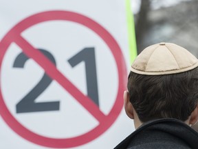 A man wears a yarmulke during a demonstration against the Quebec government's newly tabled Bill 21 in Montreal, on April 14, 2019.