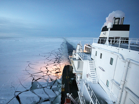 A Russian commercial tanker sails in an undisclosed location in the Arctic.