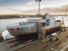 The Royal Canadian Navy's first Arctic and Offshore Patrol Ship, HMCS Harry DeWolf, at Irving Shipbuilding's Halifax Shipyard on Dec. 8, 2017.
