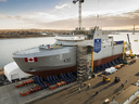 The Royal Canadian Navy's first Arctic and Offshore Patrol Ship, now named HMCS Harry DeWolf, at Irving Shipbuilding's Halifax Shipyard on Dec. 8, 2017. The shipyard may be contracted to build similar ships for the coast guard.