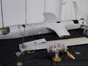 In this undated photograph obtained by The Associated Press, a UAV-X drone flown by Yemen's Houthi rebels is seen in Hodeida, Yemen. A Yemen rebel drone strike this week, likely by UAV-Xs, on a critical Saudi oil pipeline shows that the otherwise-peaceful sandy reaches of the Arabian Peninsula now are at risk of similar assault, including an under-construction nuclear power plant and Dubai International Airport, among the world's busiest. (AP Photo)