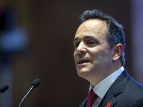 FILE - In this Feb. 7, 2019, file photo, Kentucky Gov. Matt Bevin delivers the State of the Commonwealth address to a joint session of the state legislature at the state Capitol in Frankfort, Ky.  Springtime in Kentucky means trees blooming, horses racing and, in most years, politicians jockeying for position ahead of the late May primary election. This year, with the biggest political prize in Kentucky up for grabs, Republican Gov. Matt Bevin is seeking a second term and three prominent Democrats are among those competing for a chance to unseat him.