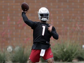 Arizona Cardinals' quarterback Kyler Murray works out during an NFL football rookies camp, Friday, May 10, 2019, at the team's' training facility in Tempe, Ariz.