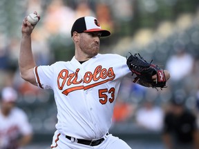 Baltimore Orioles' Dan Straily delivers a pitch during the first inning of the team's baseball game against the New York Yankees, Wednesday, May 22, 2019, in Baltimore.