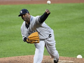 New York Yankees starting pitcher CC Sabathia delivers a pitch during the second inning of the team's baseball game against the Baltimore Orioles, Wednesday, May 22, 2019, in Baltimore.