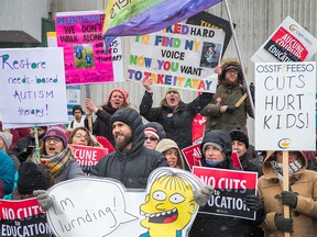 Nearly 300 teachers, unionists and supporters  protest budget cuts by Ontario Premier Doug Ford and the Ontario Progressive Conservative party outside a PC event in Ottawa on March 22, 2019.