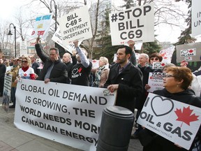 Pipeline supporters rally in Calgary against Bill C-69 during a Senate committee hearing in April.