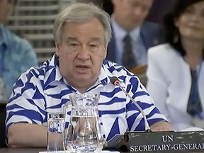 In this image made from video, United Nations Secretary-General Antonio Guterres addresses the Pacific Islands Forum, Wednesday, May 15, 2019, in Suva, Fiji. Guterres says he's traveling to three South Pacific island nations to see the effects of climate change firsthand. Speaking in Fiji at a meeting with officials from the Pacific Islands Forum, the U.N. leader says he wants to learn about the work being undertaken by island communities to bolster resilience. (Fiji Broadcasting via AP)