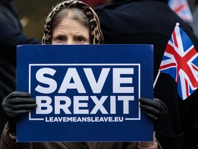 Pro-Brexit protesters demonstrate with placards outside the Houses of Parliament, Westminster.