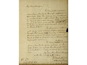 This image filed Wednesday, May 15, 2019, in federal court as part of a forfeiture complaint by the U.S. attorney's office in Boston shows a 1780 letter from Alexander Hamilton to the Marquis de Lafayette, that was stolen from the Massachusetts Archives decades ago. The complaint asks a judge to order the letter returned to the state. It resurfaced in November 2018 when a Virginia auction house received it from a South Carolina family that wanted to sell it. The letter was part of a deceased relative's estate. (U.S. Attorney's Office via AP)