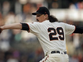 San Francisco Giants pitcher Jeff Samardzija works against the Atlanta Braves during the first inning of a baseball game Wednesday, May 22, 2019, in San Francisco.