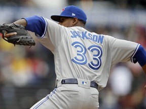 Toronto Blue Jays pitcher Edwin Jackson works against the San Francisco Giants in the first inning of a baseball game Wednesday, May 15, 2019, in San Francisco.