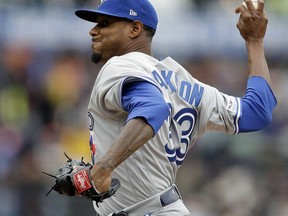 Toronto Blue Jays pitcher Edwin Jackson works against the San Francisco Giants in the first inning of a baseball game Wednesday, May 15, 2019, in San Francisco.