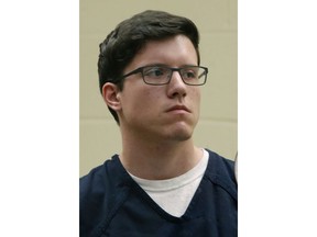 FILE - In this April 30, 2019 file photo John T. Earnest appears for his arraignment hearing in San Diego. Federal officials announced Thursday, May 9, 2019, that they have filed 109 hate crime charges against Earnest, accused of opening fire in a Southern California synagogue on April 27, the last day of Passover, a major Jewish holiday.