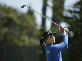 So Yeon Ryu, of South Korea, follows her approach shot to the 18th green of the Lake Merced Golf Club during the first round of the LPGA Mediheal Championship golf tournament Thursday, May 2, 2019, in Daly City, Calif.