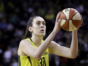 FILE - In this Aug. 26, 2018 file photo, Seattle Storm's Breanna Stewart in action against the Phoenix Mercury in a WNBA basketball playoff semifinal in Seattle. A person familiar with the decision says that Stewart will act as an ambassador for the WNBA this season and be paid by the league after the reigning MVP tore her Achilles over the winter and is out for the year. The person spoke to The Associated Press on condition of anonymity on Thursday night, May 23, 2019, because no official announcement has been made.