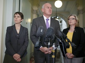 House leaders Sonia Furstenau, left, Mike Farnworth and Mary Polak answers questions about the speaker situation and McLachlan report during a press conference at Legislature in Victoria, B.C., on Thursday, May 16, 2019.