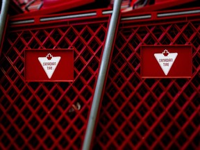 Canadian Tire logos, taken with a tilt shift lens, are found on shopping carts in Toronto on Thursday July 5, 2012.  Photographer: Brent Lewin/Bloomberg