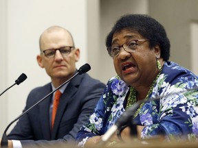 FILE - In this April 9, 2019 file photo Assemblywoman Shirley Weber, D-San Diego, discusses her proposed measure to limit the use of deadly force by police, as the bill's co-author, Assemblyman Kevin McCarty, D-Sacramento, left, listens during a hearing on the bill at the Capitol, in Sacramento, Calif. Major police organizations confirmed Thursday, May 23 2019, that they won't fight her bill, AB392, that would bar police from using lethal force unless it is necessary to prevent immediate harm to themselves or others.