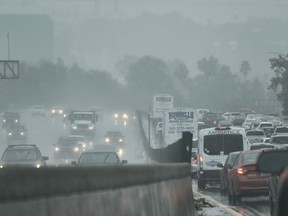 Drivers make their way in the pouring rain along the Hollywood Freeway in Los Angeles on Thursday, May 16, 2019. Rain arrived in Los Angeles in time to make the morning commute slippery, adding to a seasonal accumulation that's already above normal.