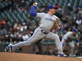 Toronto Blue Jays pitcher Trent Thornton (57) throws against the San Francisco Giants during the first inning of a baseball game in San Francisco, Tuesday, May 14, 2019.
