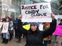 Protesters in Edmonton call for justice after Brad Barton was found not guilty of murdering  Cindy Gladue, April 2, 2015.