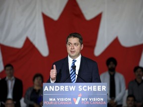 Conservative Party of Canada leader Andrew Scheer announces his immigration policy at an event hall in Toronto, Tuesday, May 28, 2019. Scheer says if he's elected prime minister he would put an end to "illegal" border crossings in Canada.