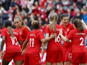 Team Canada's Shelina Zadorsky (4) and Christine Sinclair (12) celebrate a goal by midfielder Jessie Fleming (17) with teammates during the first half of a women's international soccer friendly against Mexico at BMO Field in Toronto, Saturday, May 18, 2019.