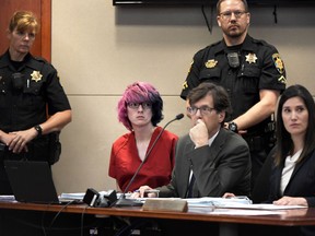 Devon Erickson, second from left, appears in court at the Douglas County Courthouse on Wednesday, May 15, 2019, in Castle Rock, Colo. Erickson is one of two students suspected of shooting several classmates in their Colorado charter school.