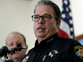 Douglas County Sheriff Tony Spurlock responds to questions about Tuesday's shooting at a charter school during a news conference Wednesday, May 8, 2019, in Highlands Ranch, Colo.