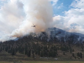 A helicopter flies as a wildfire burns near Osoyoos, B.C. in this undated handout photo. Crews are making good progress taming a wildfire that has prompted evacuation alerts for several properties in British Columbia's southern Okanagan. The BC Wildfire Service says the blaze 12 kilometres west of Osoyoos along Highway 3 has charred just over five square kilometres of trees and bush.