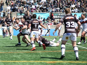 Toronto Wolfpack and Swinton Lions players square off in Betfred Championship rugby league play Sunday, April 28, 2019 in Toronto. With winger Matty Russell nursing a shoulder injury, Liam Kay looks to return from a lingering ankle ailment as the Toronto Wolfpack host the Bradford Bulls in Betfred Championship rugby league play Saturday.