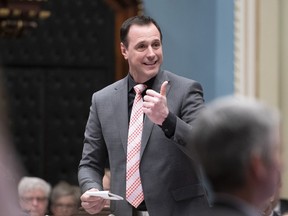 Quebec Education Minister Jean-Francois Roberge responds to the Opposition during question period Wednesday, April 10, 2019 at the legislature in Quebec City. The Quebec government is telling the English school board serving Montreal that it must give up three of its schools in northeastern part of the city to deal with a shortage of space in French board that serves the area.