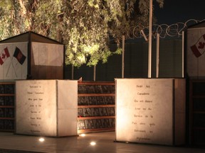 The memorial to the Canadian killed on the Afghan mission is seen at Kandahar Airfield, Afghanistan, on April 28, 2011. The head of the Canadian military says members of the Canadian Forces, veterans and their families can now visit the Afghanistan memorial at the new National Defence Headquarters. Gen. Jonathan Vance says in a new statement that the memorial, which once was the cenotaph at Kandahar Airfield, was installed at the suburban Ottawa building and opened quickly, without enough thought to how people who aren't regularly in the headquarters' secure zone would be able to see it.