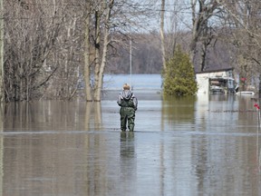 A woman wades through floodwaters on a residential street in the town of Rigaud, Que, west of Montreal, Monday, April 22, 2019. Statistics Canada has crunched some early information about spring flooding in Canada and found that the eastern part of the country was worst hit this year.