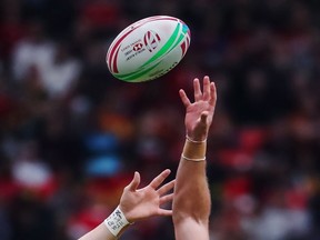 Players jump for the ball during the Challenge Trophy final at the World Rugby Sevens Series action in Vancouver, B.C., on Sunday March 10, 2019. An official with Rugby Nova Scotia says the organization is aiming to make the sport safer at the high school level as it seeks to have more influence over the sport in the future.