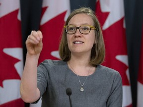 Democratic Institutions Minister Karina Gould responds to a question during a news conference in Ottawa on April 8, 2019. A leading NATO researcher says Canadian voters have a duty to think critically about the news they consume as the threat of foreign interference looms in the October federal election. Janis Sarts, the director of the NATO Strategic Communications Centre of Excellence, says Canadians have to keep their emotions and knee-jerk reactions in check to avoid succumbing to malevolent foreign actors who want to tamper with their election. Democratic Institutions Minister Karina Gould told an event sponsored by the government and the NATO communications centre that foreign meddling can rear its head in the months leading up to an election.